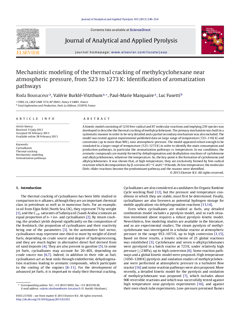 Mechanistic modeling of the thermal cracking of methylcyclohexane near atmospheric pressure, from 523 to 1273 K: Identification of aromatization pathways