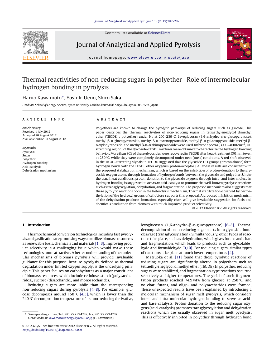 Thermal reactivities of non-reducing sugars in polyether—Role of intermolecular hydrogen bonding in pyrolysis