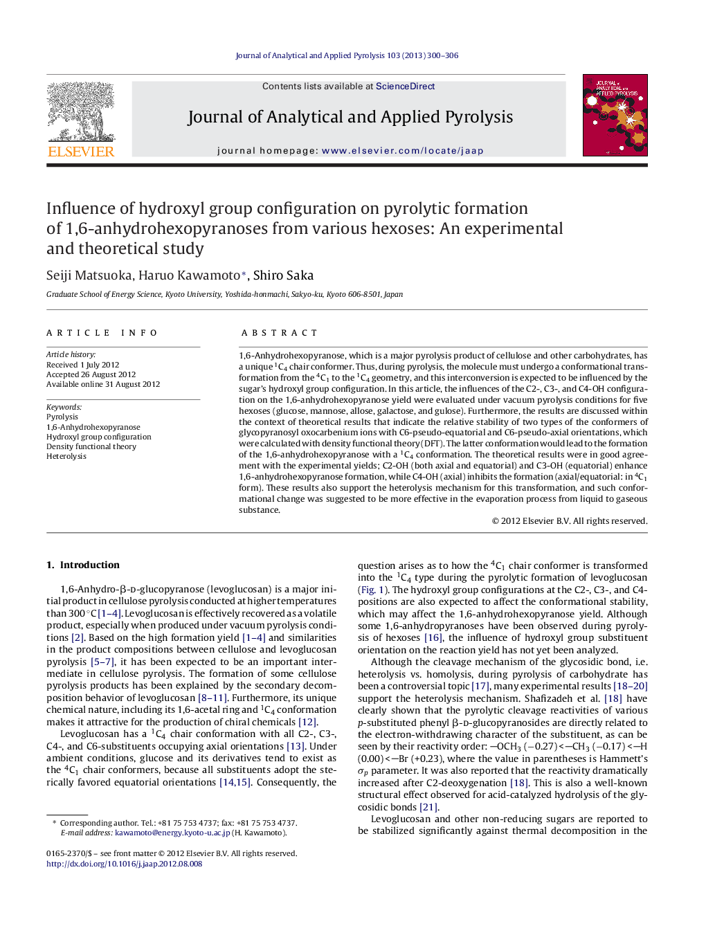 Influence of hydroxyl group configuration on pyrolytic formation of 1,6-anhydrohexopyranoses from various hexoses: An experimental and theoretical study