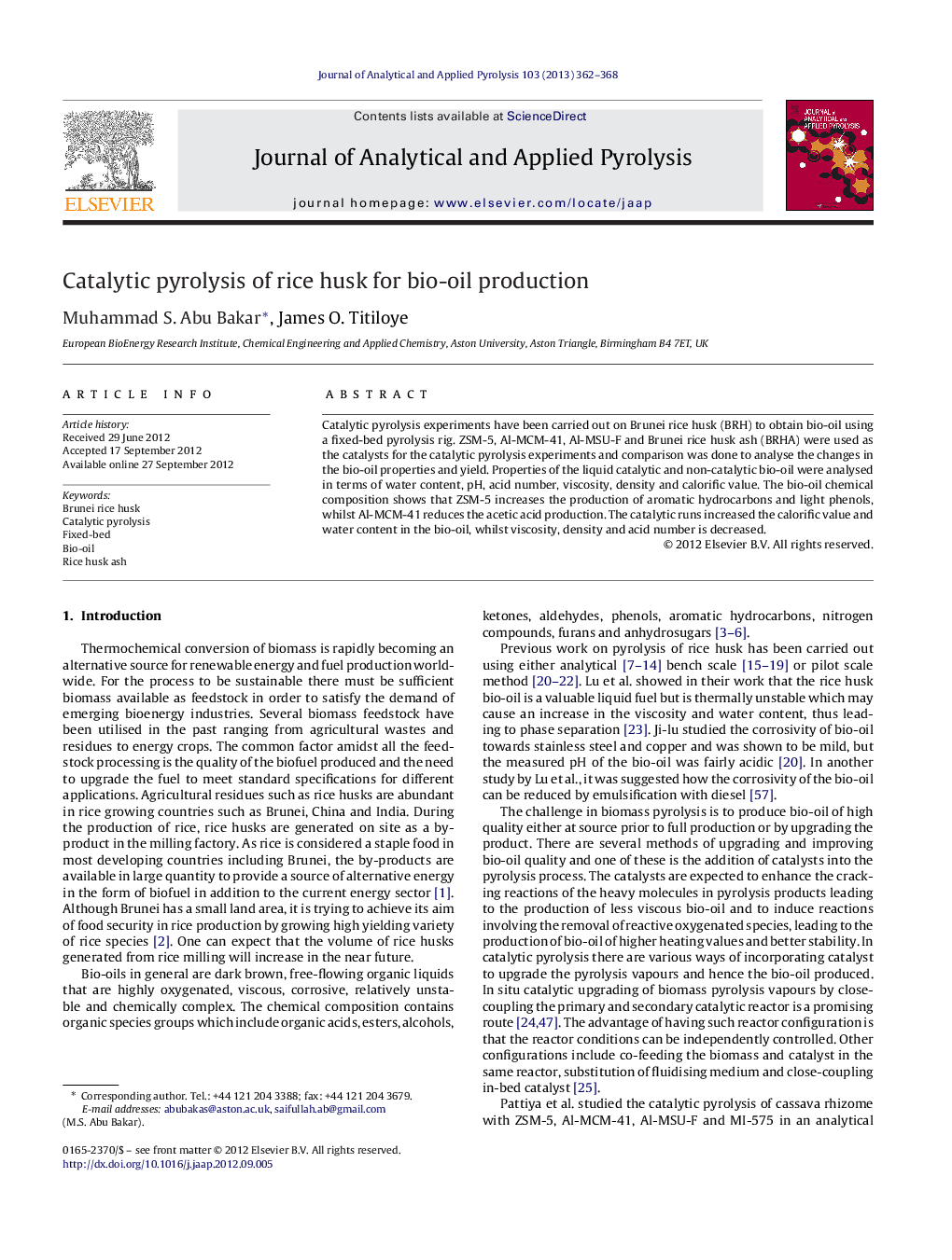 Catalytic pyrolysis of rice husk for bio-oil production