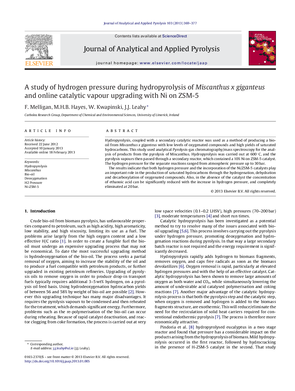 A study of hydrogen pressure during hydropyrolysis of Miscanthus x giganteus and online catalytic vapour upgrading with Ni on ZSM-5