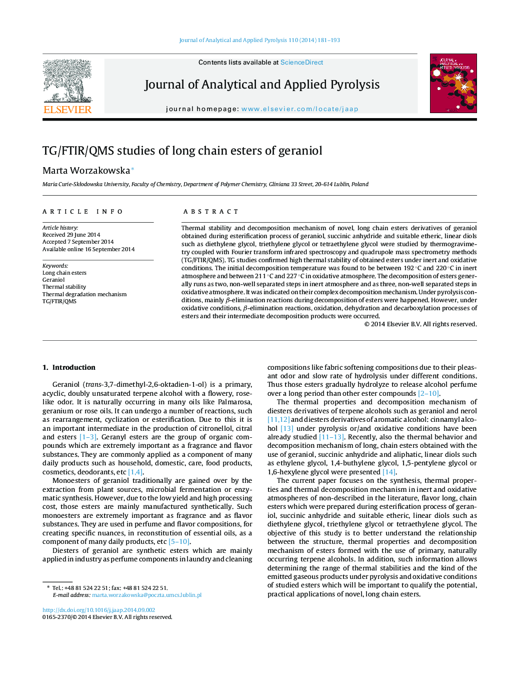 TG/FTIR/QMS studies of long chain esters of geraniol