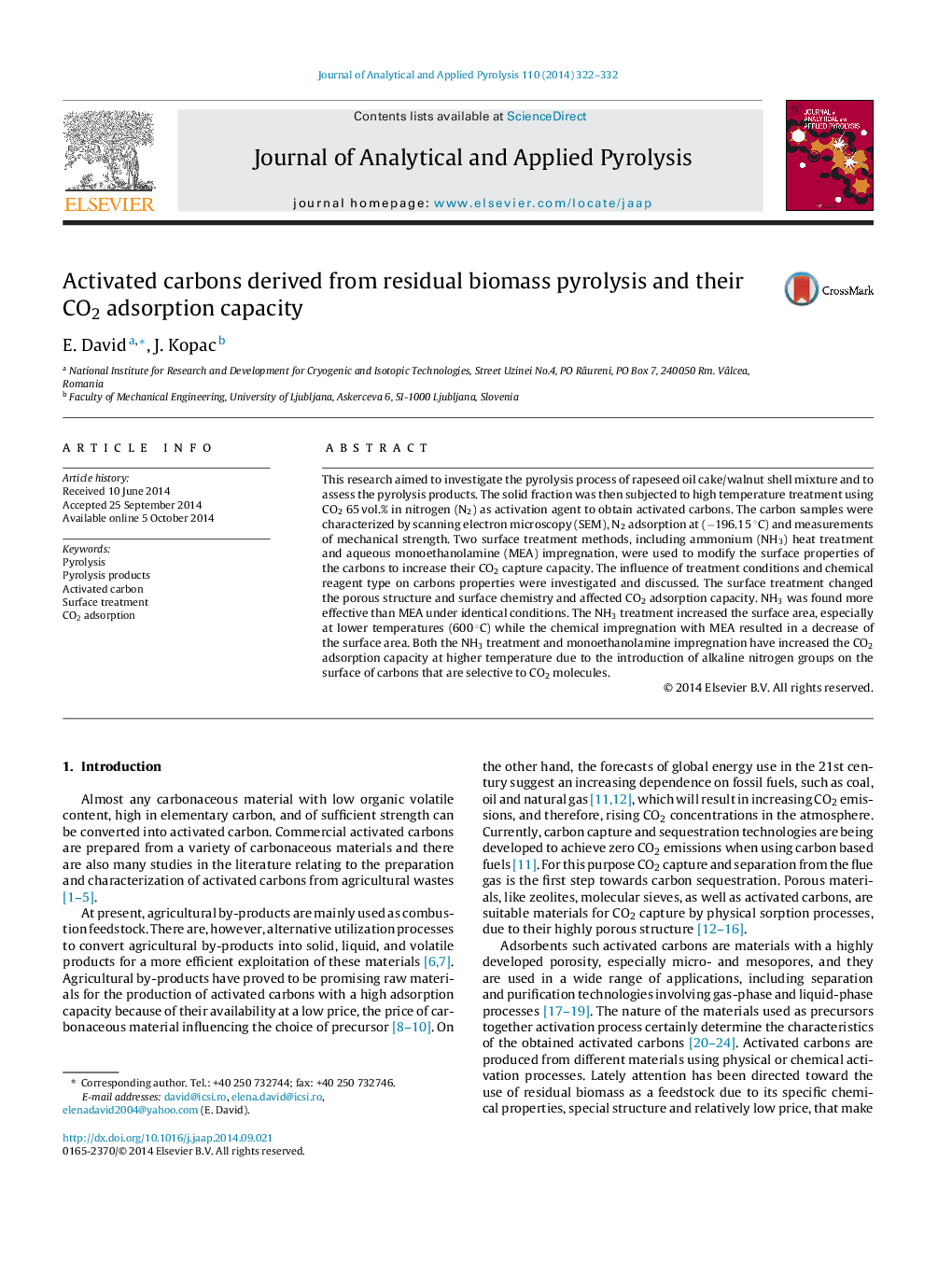 عکس صفحه اول مقاله: Activated carbons derived from residual biomass pyrolysis and their CO2 adsorption capacity Activated carbons derived from residual biomass pyrolysis and their CO2 adsorption capacity