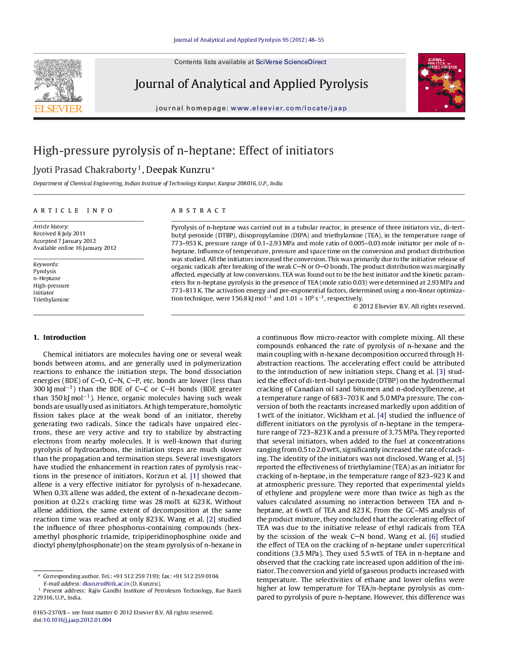 High-pressure pyrolysis of n-heptane: Effect of initiators