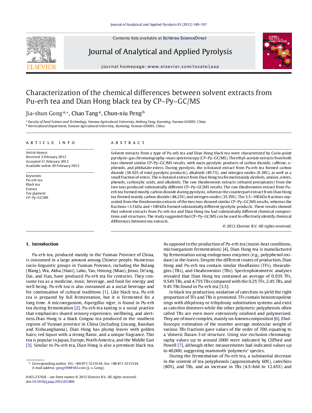 Characterization of the chemical differences between solvent extracts from Pu-erh tea and Dian Hong black tea by CP–Py–GC/MS