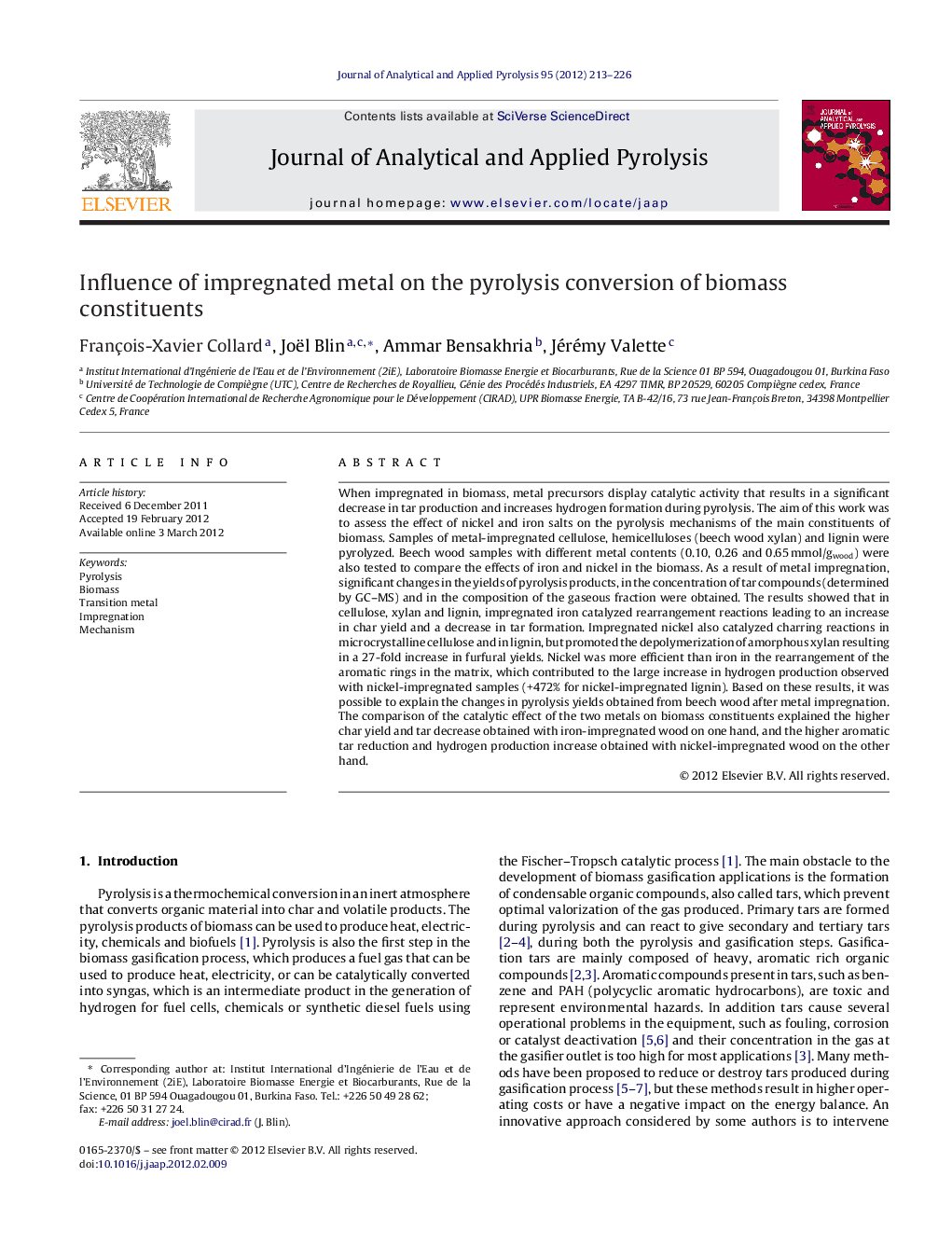 Influence of impregnated metal on the pyrolysis conversion of biomass constituents