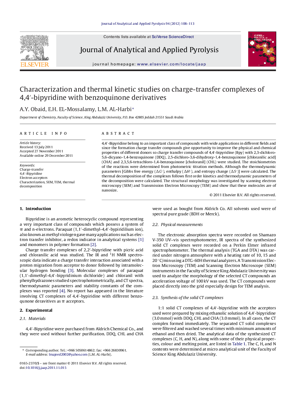 Characterization and thermal kinetic studies on charge-transfer complexes of 4,4′-bipyridine with benzoquinone derivatives