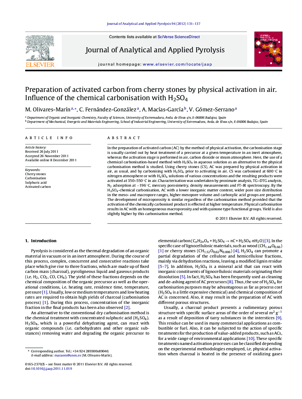 Preparation of activated carbon from cherry stones by physical activation in air. Influence of the chemical carbonisation with H2SO4