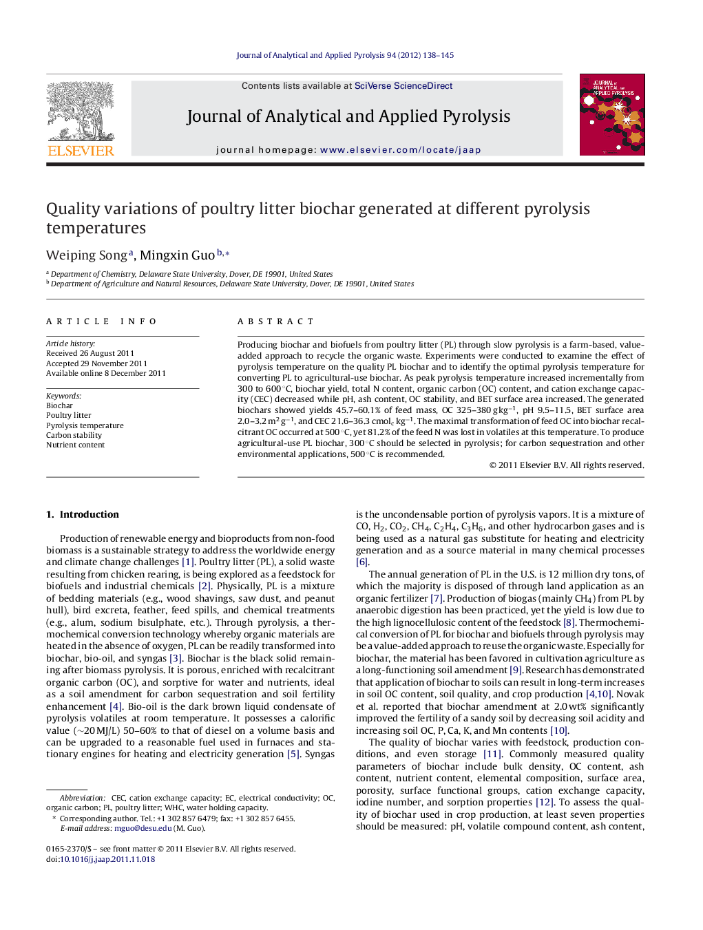 Quality variations of poultry litter biochar generated at different pyrolysis temperatures