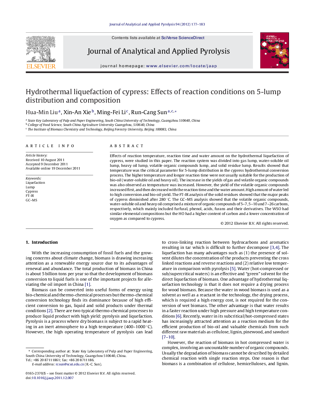 Hydrothermal liquefaction of cypress: Effects of reaction conditions on 5-lump distribution and composition