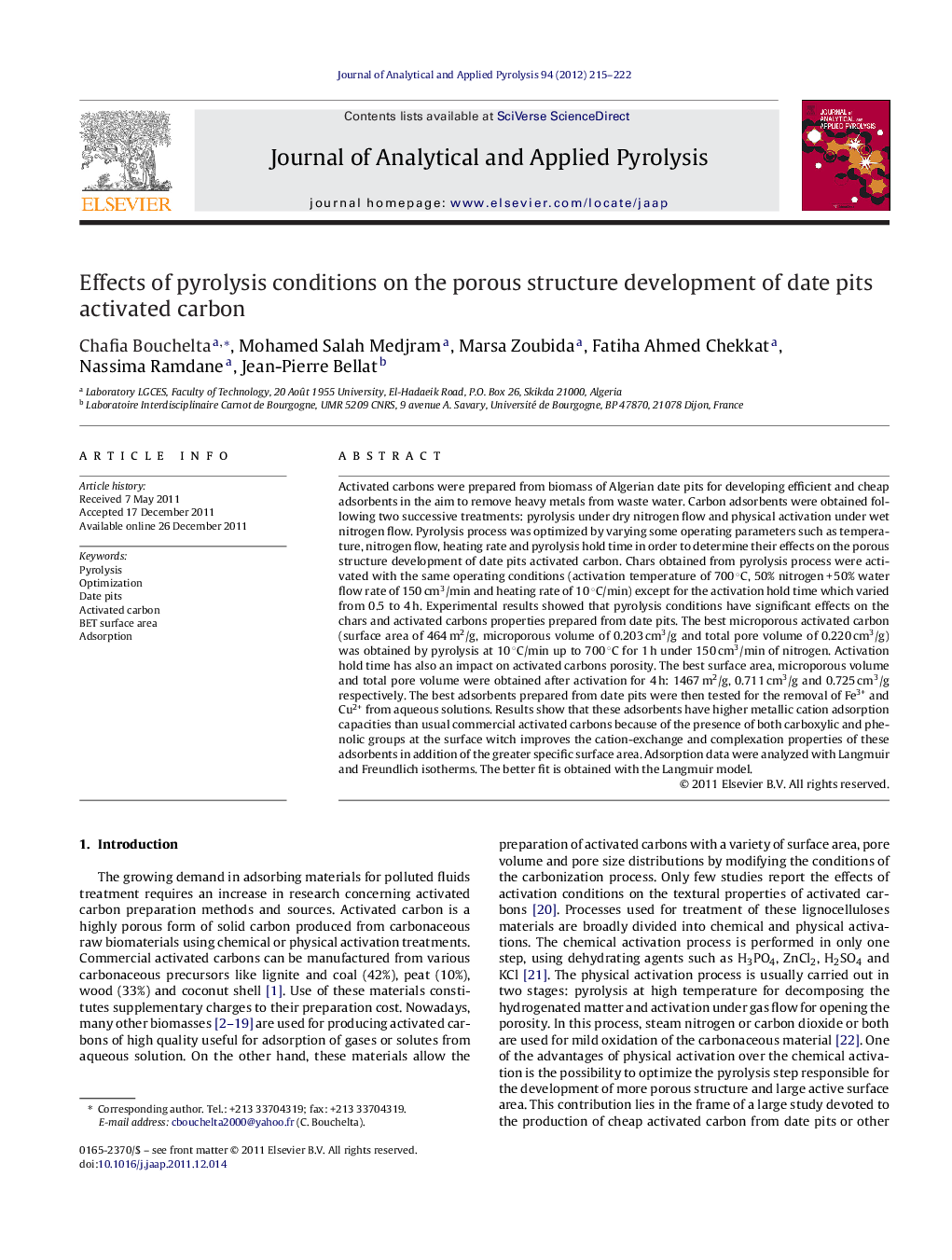 Effects of pyrolysis conditions on the porous structure development of date pits activated carbon