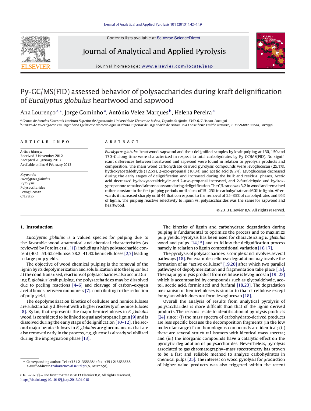 Py-GC/MS(FID) assessed behavior of polysaccharides during kraft delignification of Eucalyptus globulus heartwood and sapwood