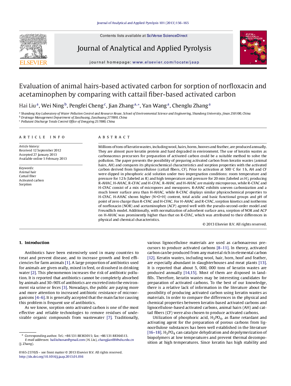 Evaluation of animal hairs-based activated carbon for sorption of norfloxacin and acetaminophen by comparing with cattail fiber-based activated carbon