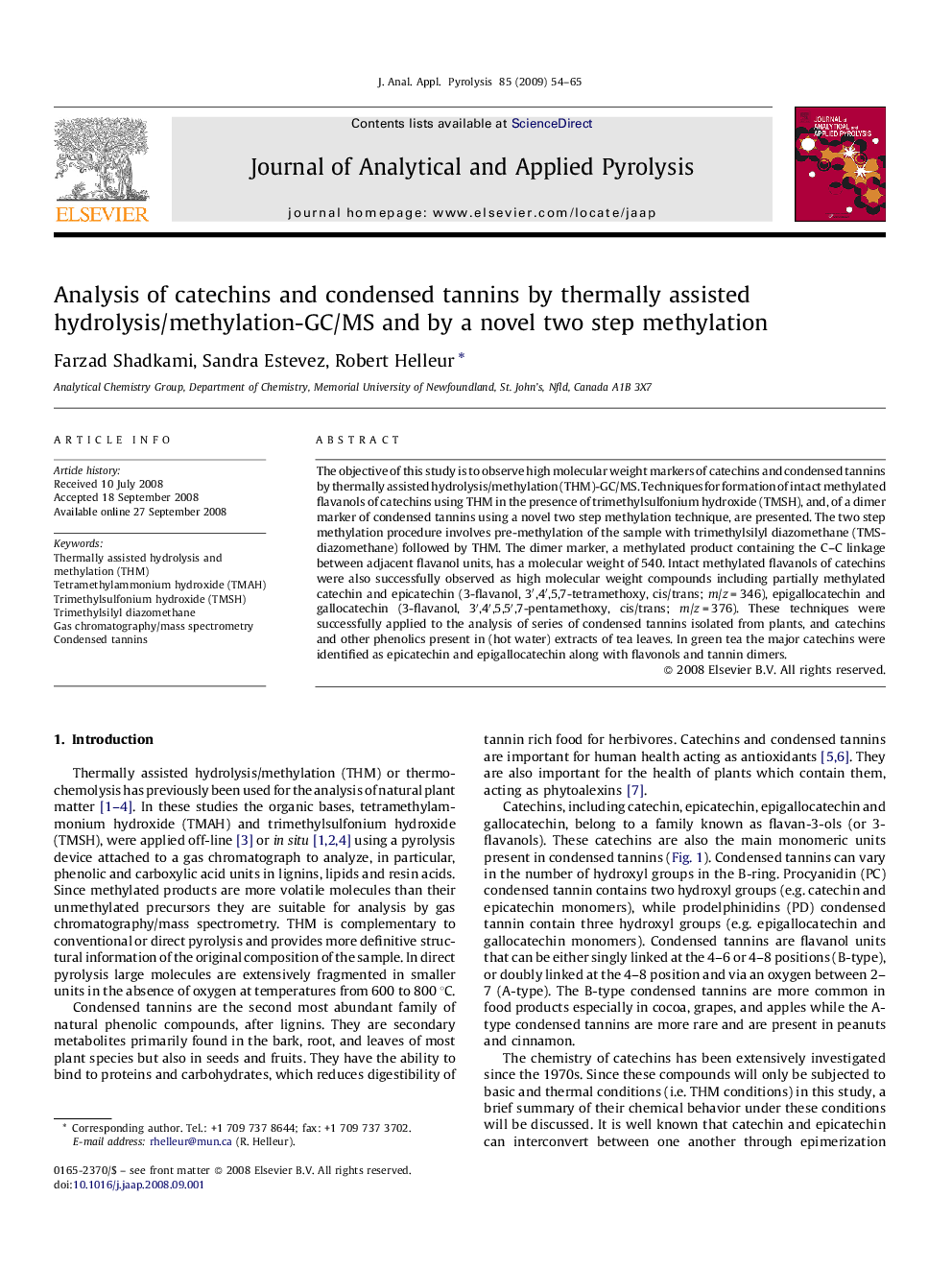 Analysis of catechins and condensed tannins by thermally assisted hydrolysis/methylation-GC/MS and by a novel two step methylation