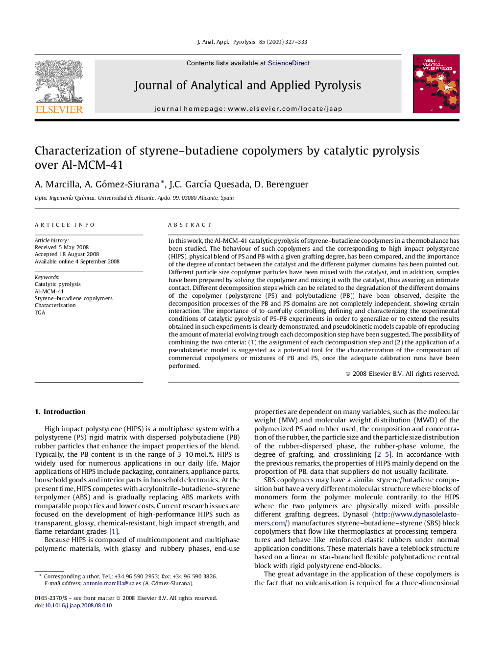 Characterization of styrene–butadiene copolymers by catalytic pyrolysis over Al-MCM-41