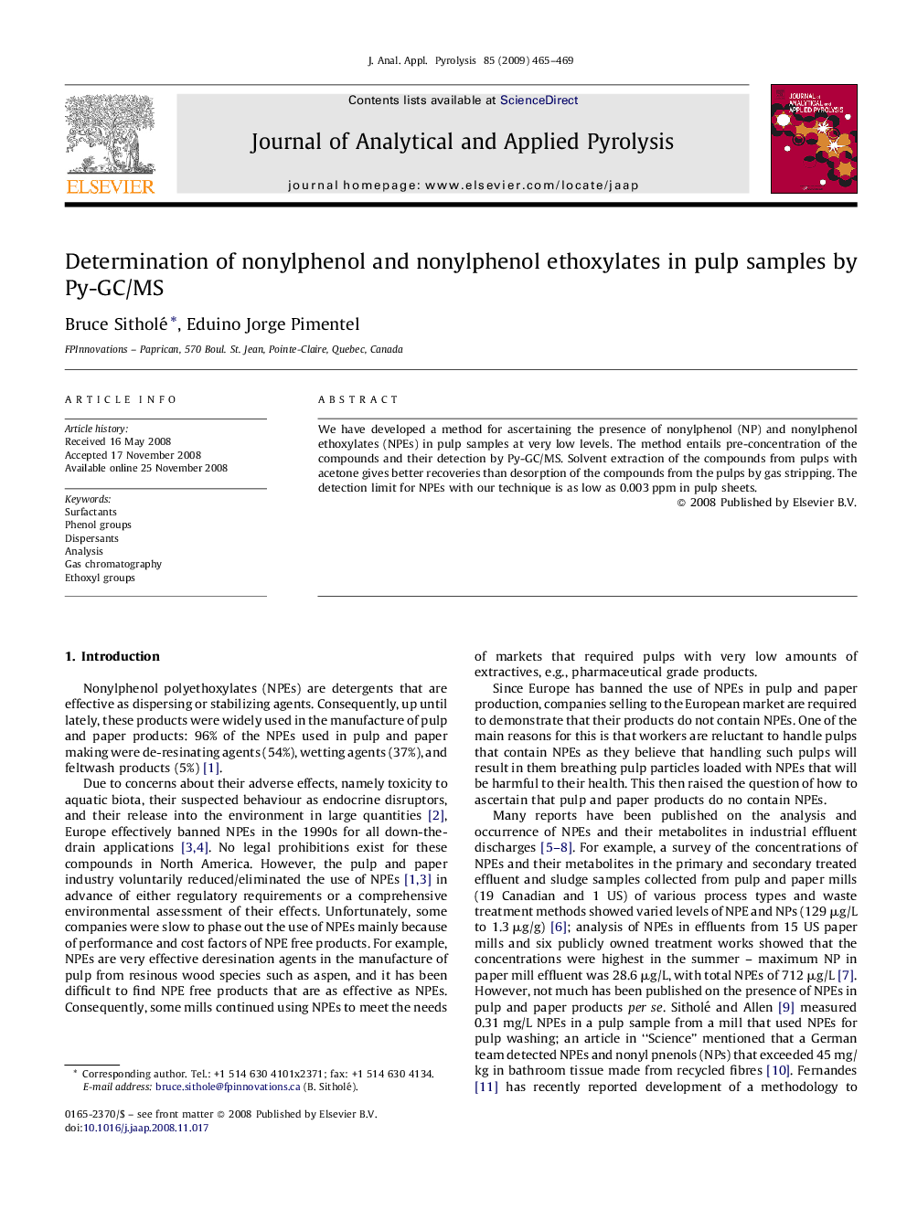 Determination of nonylphenol and nonylphenol ethoxylates in pulp samples by Py-GC/MS