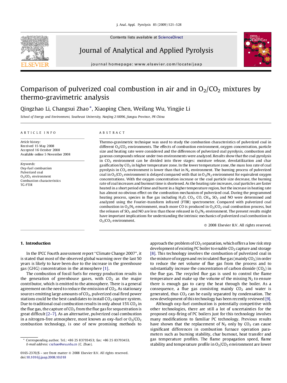 Comparison of pulverized coal combustion in air and in O2/CO2 mixtures by thermo-gravimetric analysis