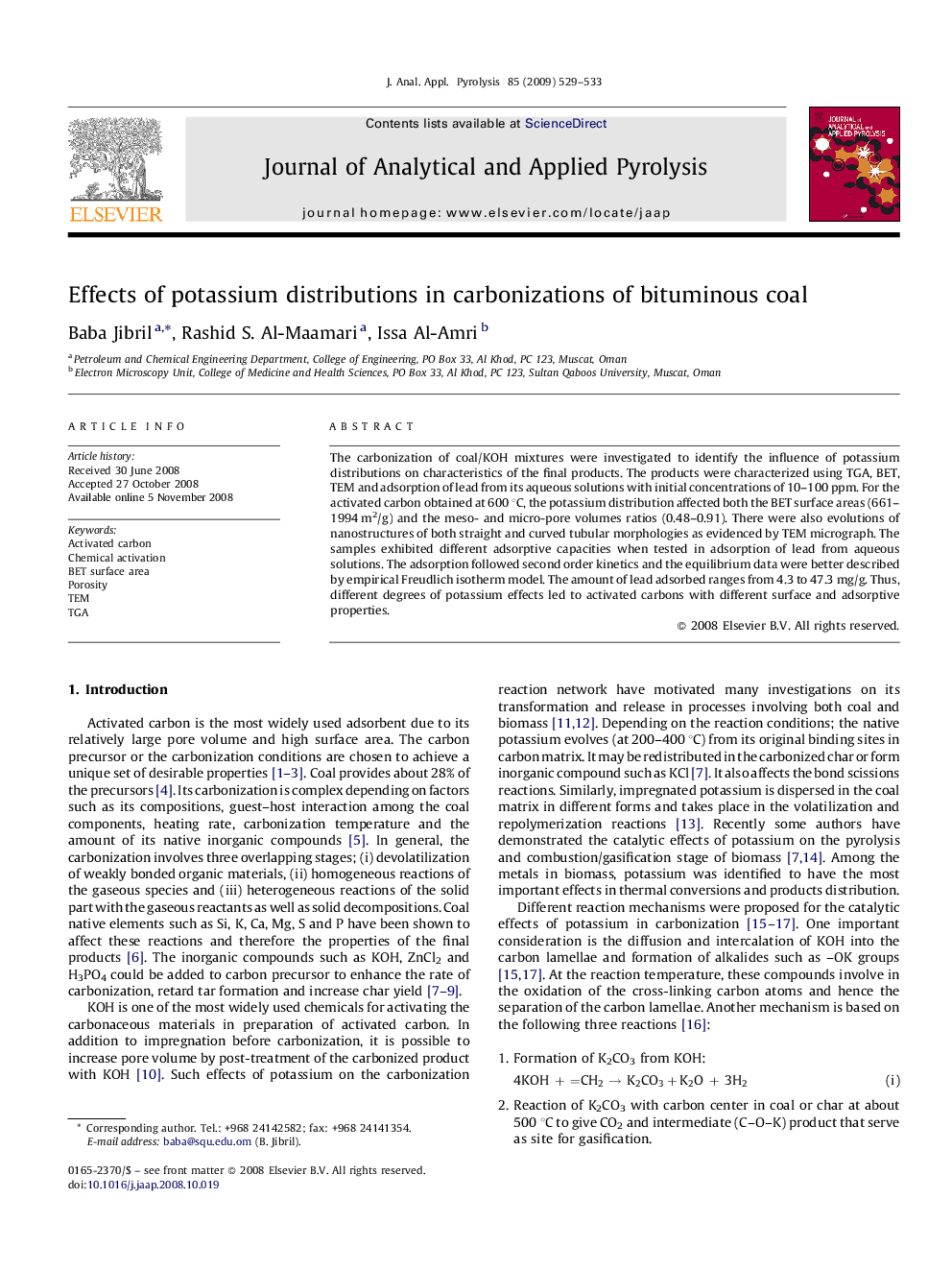 عکس صفحه اول مقاله: Effects of potassium distributions in carbonizations of bituminous coal Effects of potassium distributions in carbonizations of bituminous coal