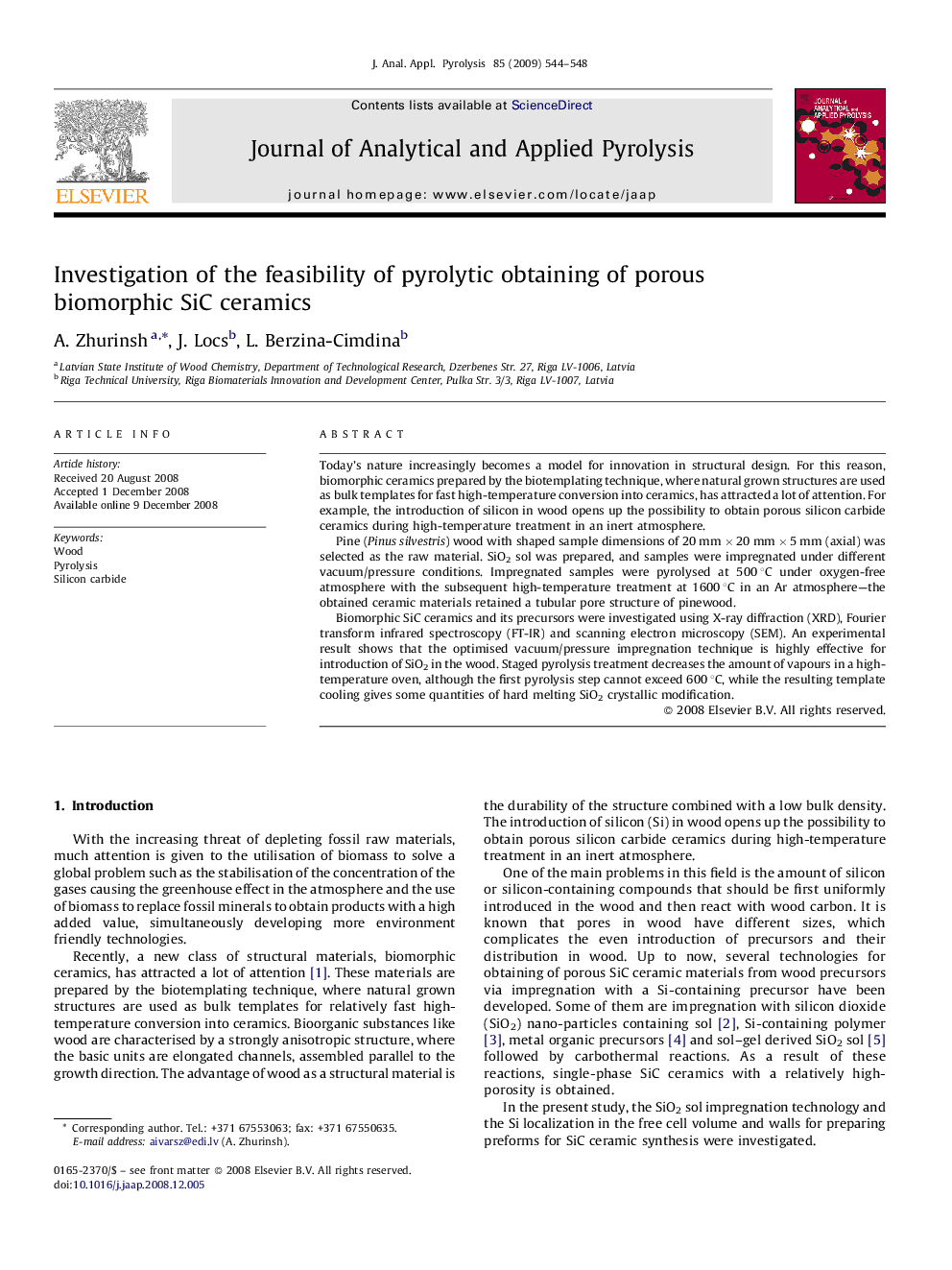 عکس صفحه اول مقاله: Investigation of the feasibility of pyrolytic obtaining of porous biomorphic SiC ceramics Investigation of the feasibility of pyrolytic obtaining of porous biomorphic SiC ceramics