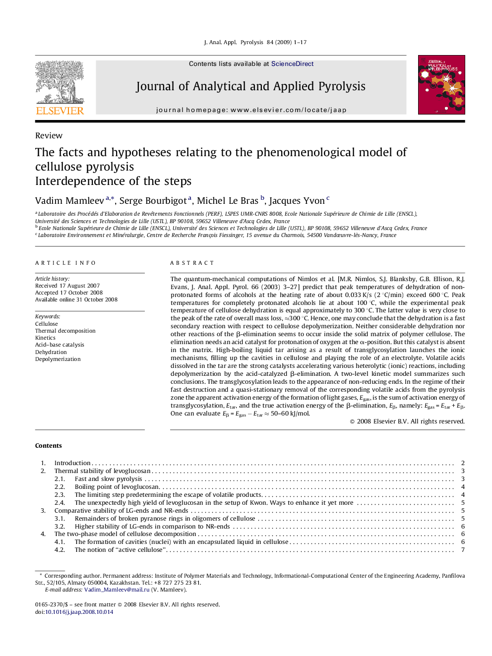 The facts and hypotheses relating to the phenomenological model of cellulose pyrolysis: Interdependence of the steps