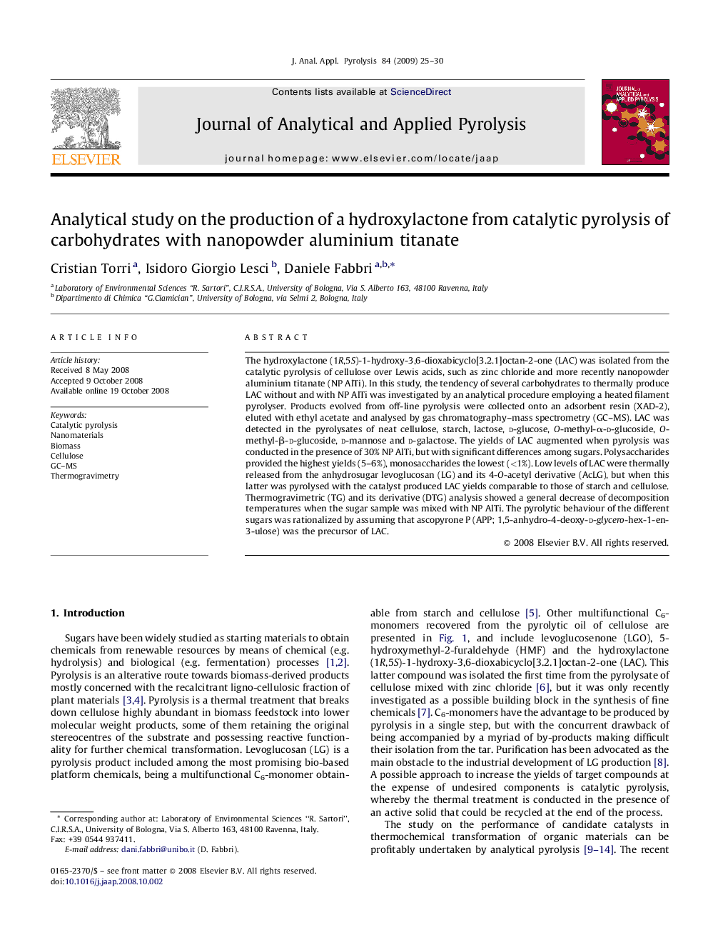 Analytical study on the production of a hydroxylactone from catalytic pyrolysis of carbohydrates with nanopowder aluminium titanate