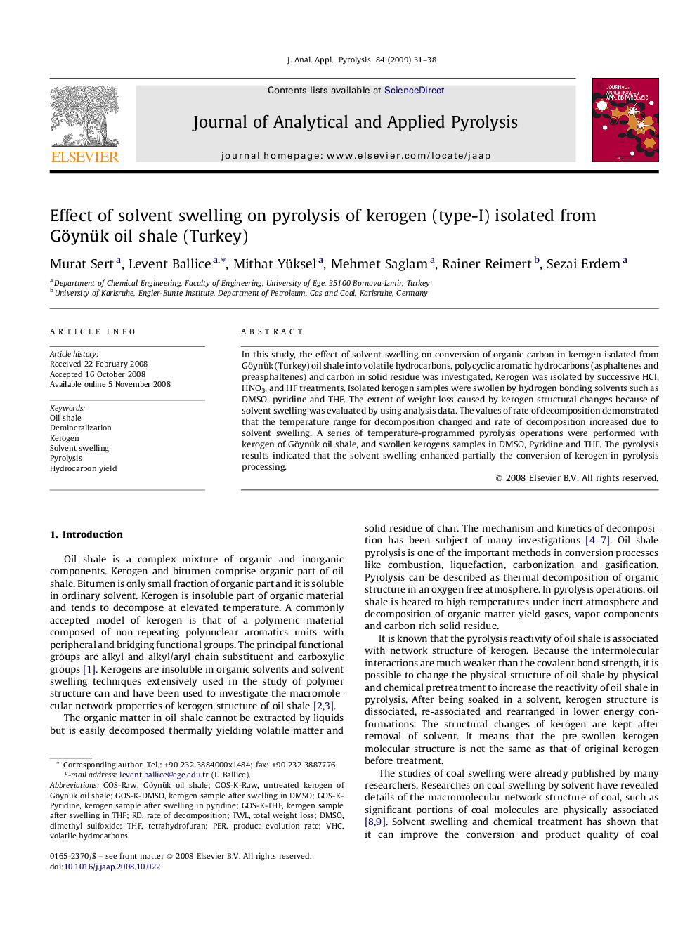 Effect of solvent swelling on pyrolysis of kerogen (type-I) isolated from Göynük oil shale (Turkey)