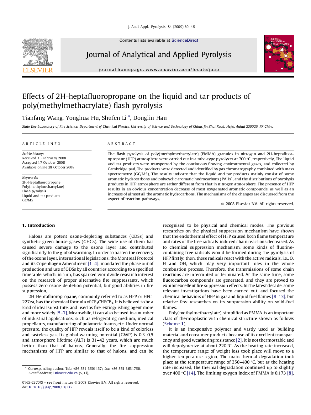 Effects of 2H-heptafluoropropane on the liquid and tar products of poly(methylmethacrylate) flash pyrolysis