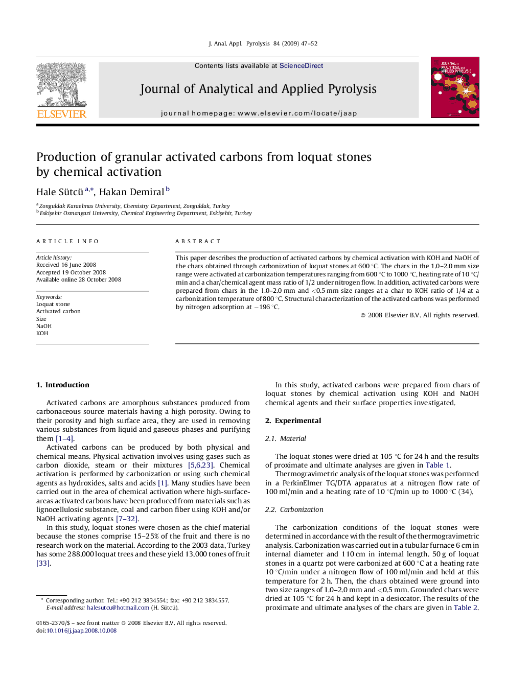 Production of granular activated carbons from loquat stones by chemical activation