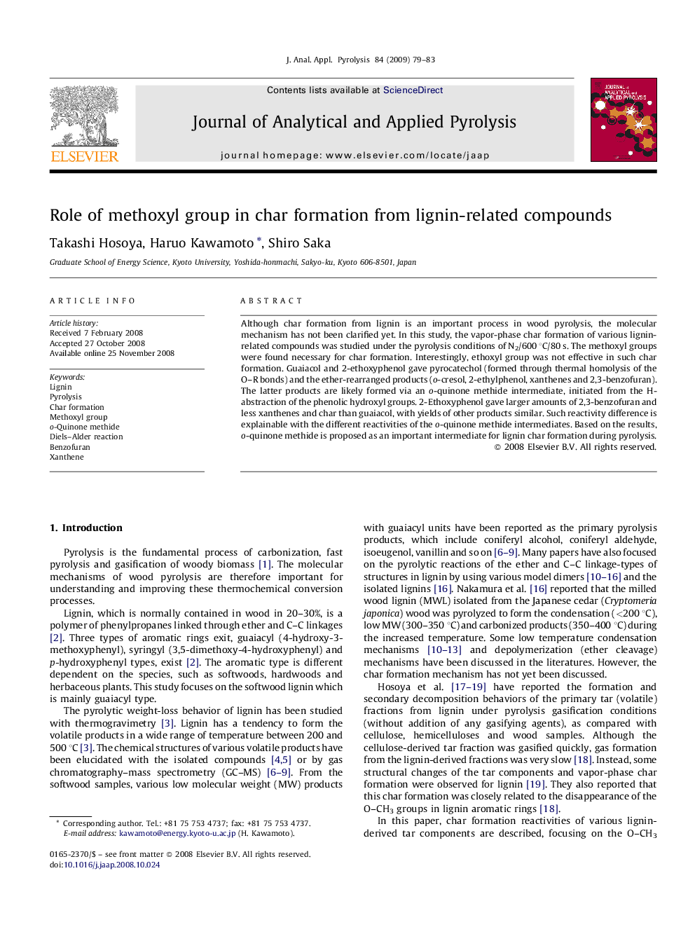 Role of methoxyl group in char formation from lignin-related compounds