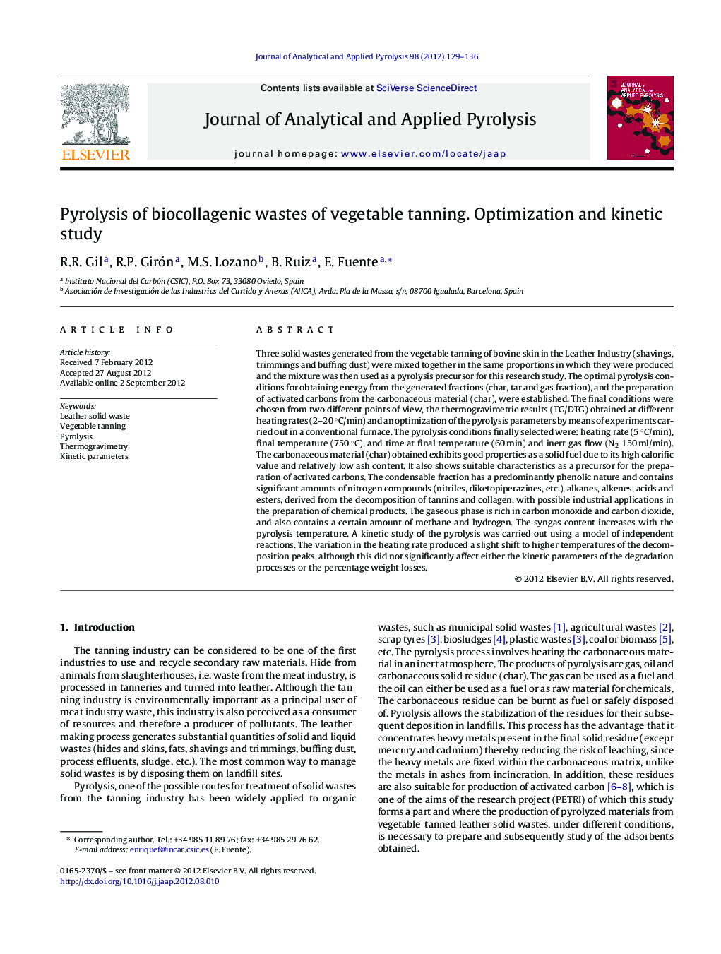 Pyrolysis of biocollagenic wastes of vegetable tanning. Optimization and kinetic study