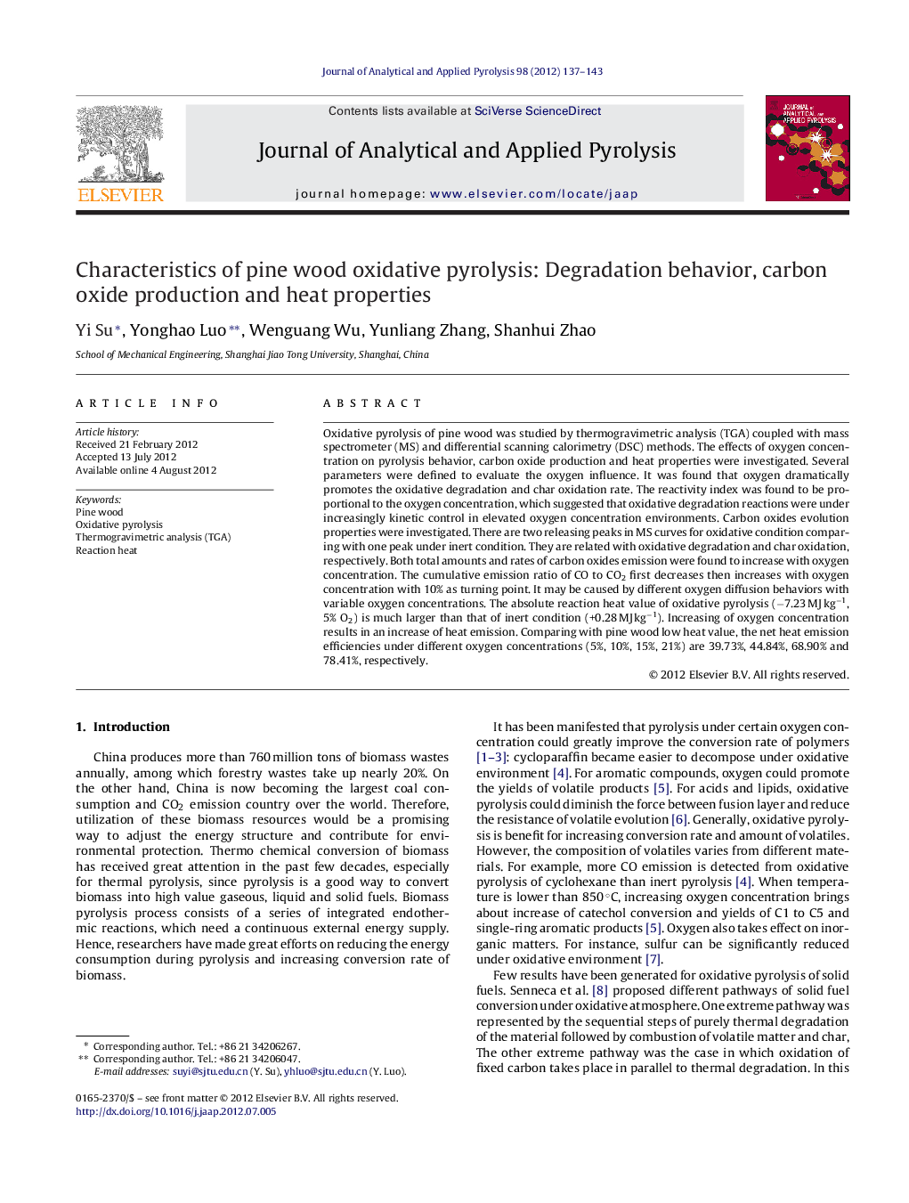 Characteristics of pine wood oxidative pyrolysis: Degradation behavior, carbon oxide production and heat properties