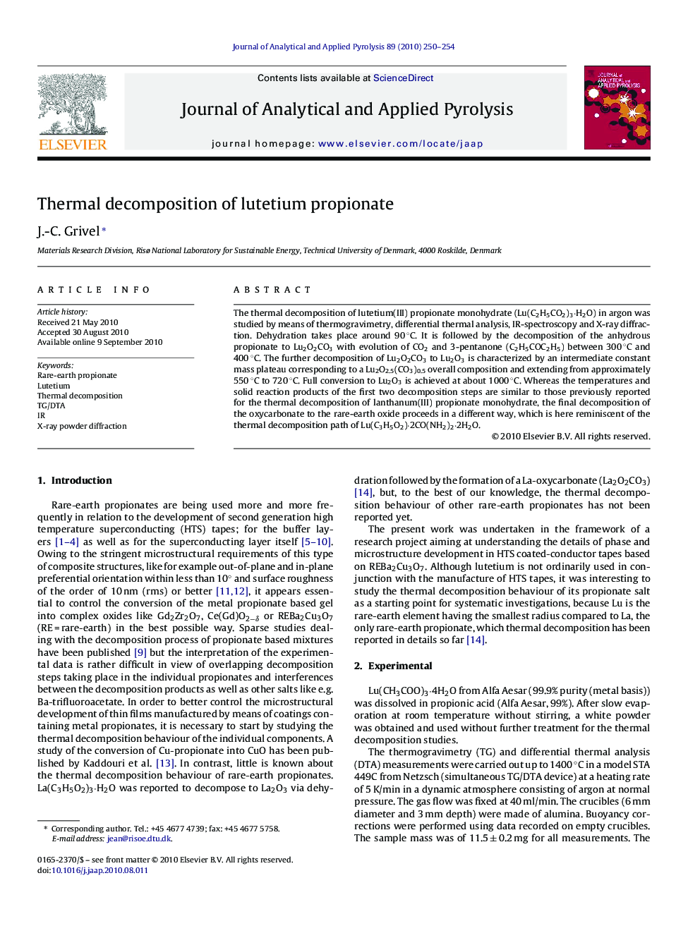 Thermal decomposition of lutetium propionate