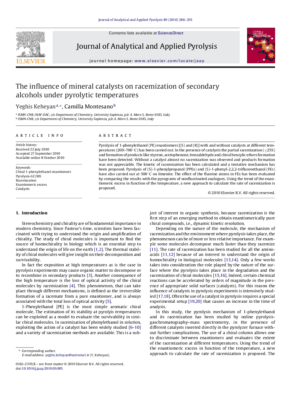 The influence of mineral catalysts on racemization of secondary alcohols under pyrolytic temperatures