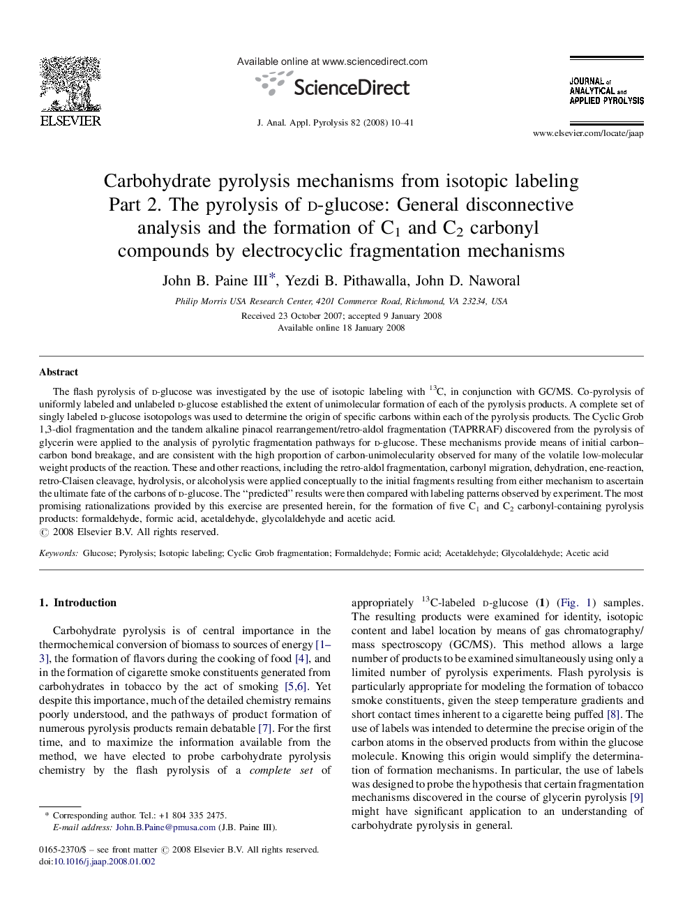 Carbohydrate pyrolysis mechanisms from isotopic labeling: Part 2. The pyrolysis of d-glucose: General disconnective analysis and the formation of C1 and C2 carbonyl compounds by electrocyclic fragmentation mechanisms