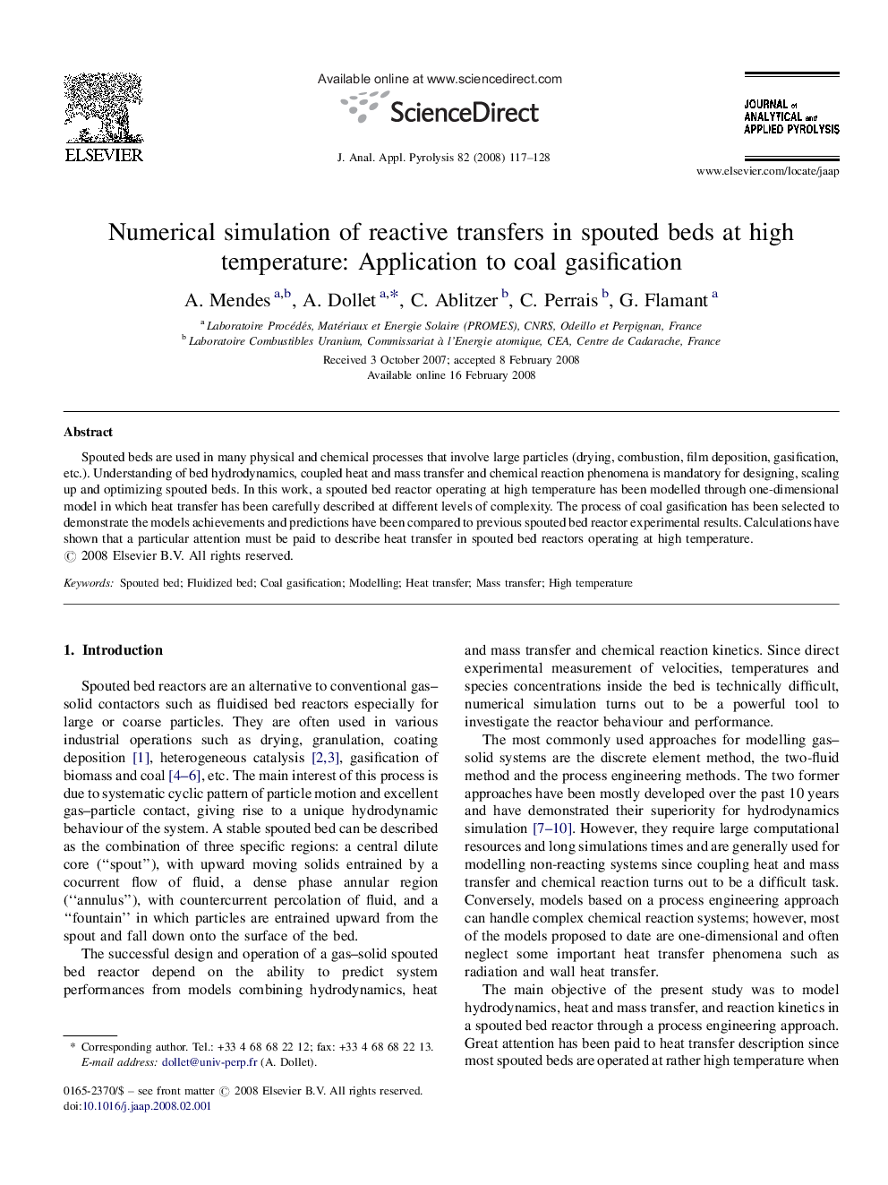 Numerical simulation of reactive transfers in spouted beds at high temperature: Application to coal gasification