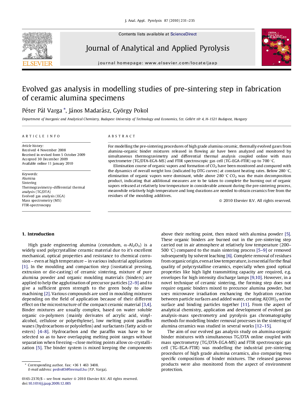 Evolved gas analysis in modelling studies of pre-sintering step in fabrication of ceramic alumina specimens