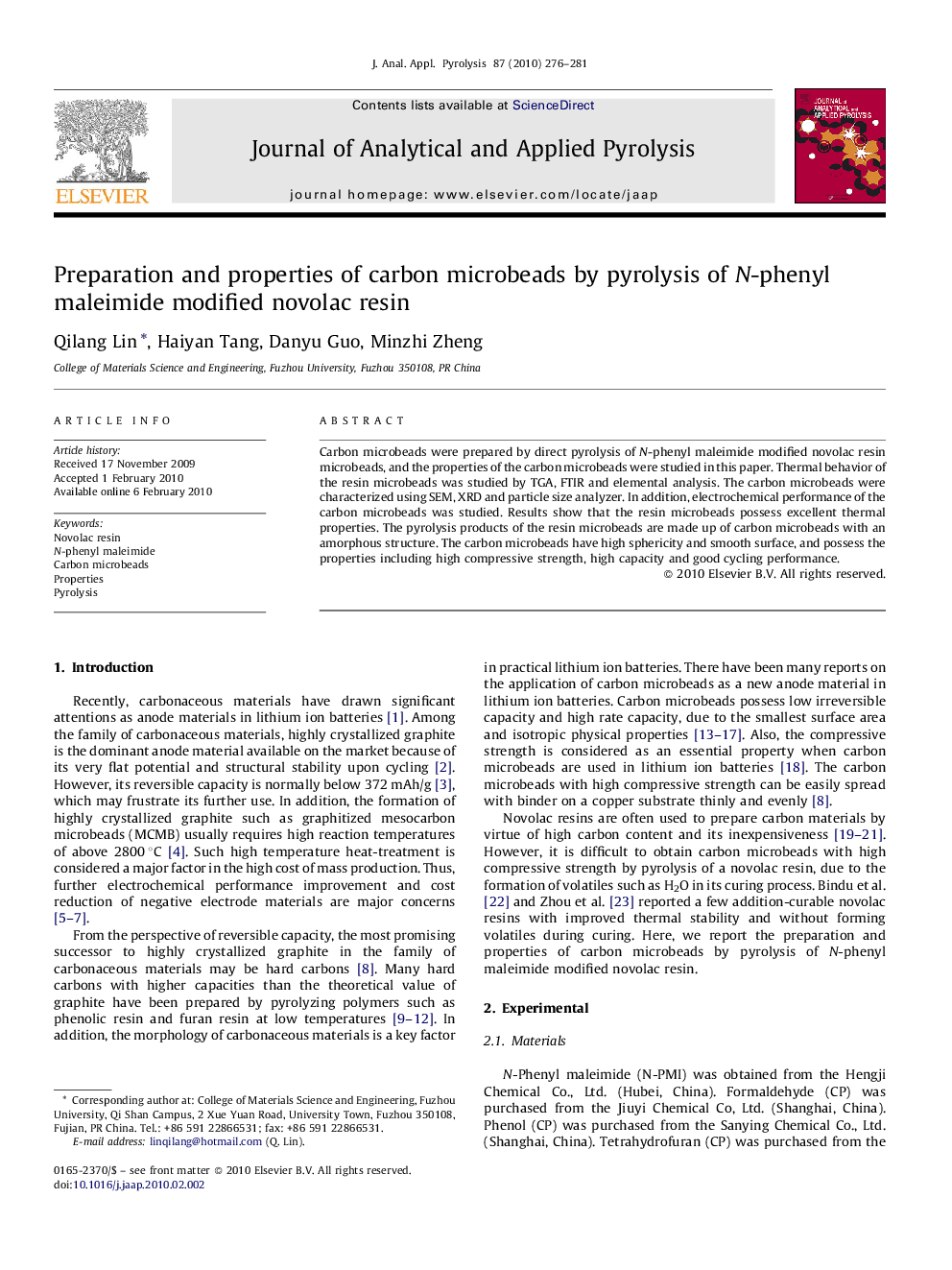 Preparation and properties of carbon microbeads by pyrolysis of N-phenyl maleimide modified novolac resin