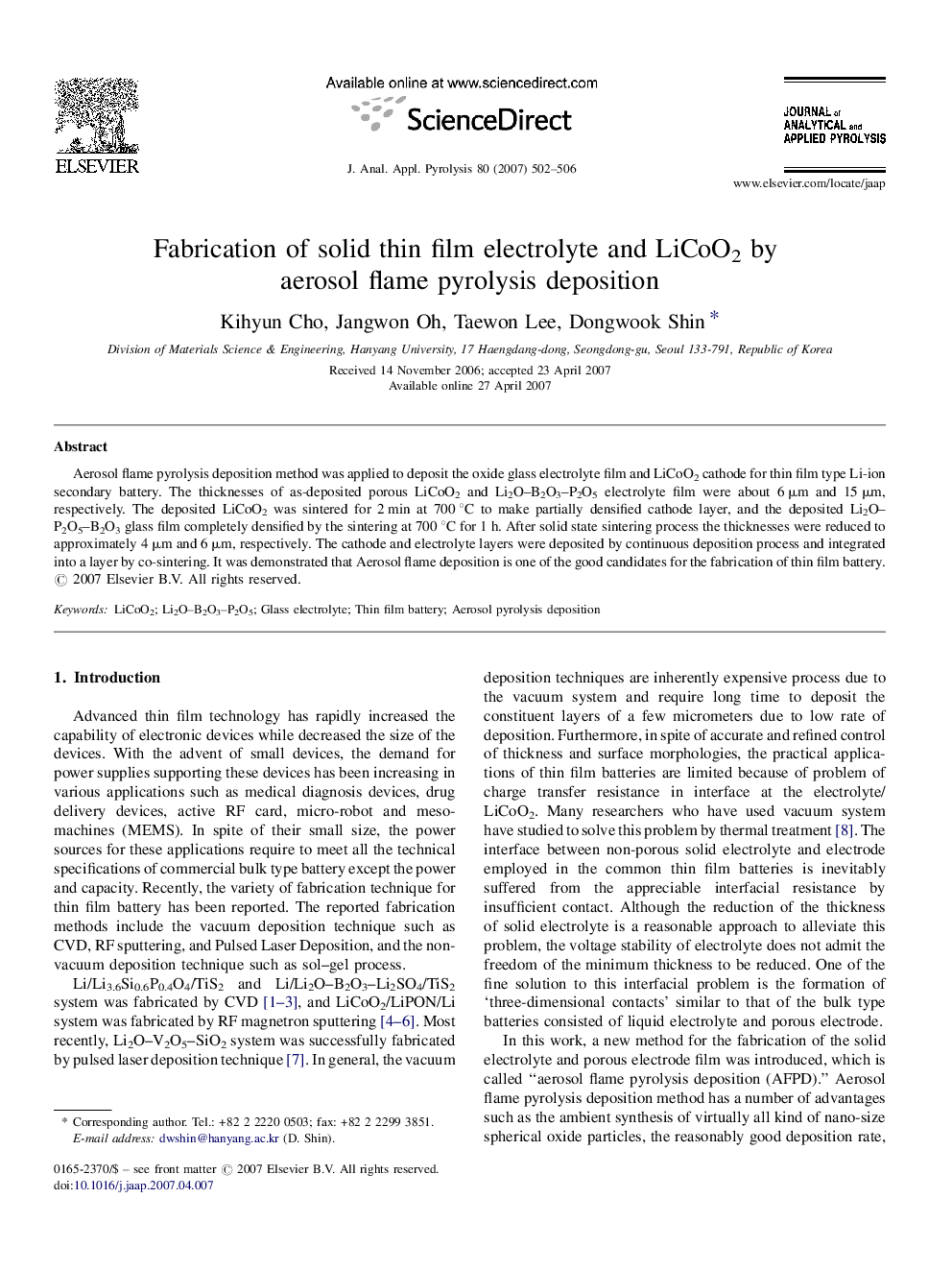 Fabrication of solid thin film electrolyte and LiCoO2 by aerosol flame pyrolysis deposition