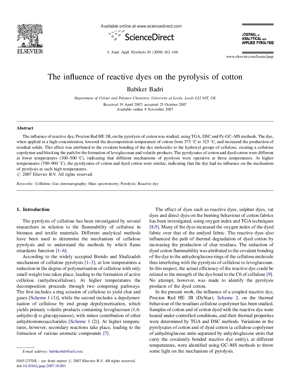 The influence of reactive dyes on the pyrolysis of cotton