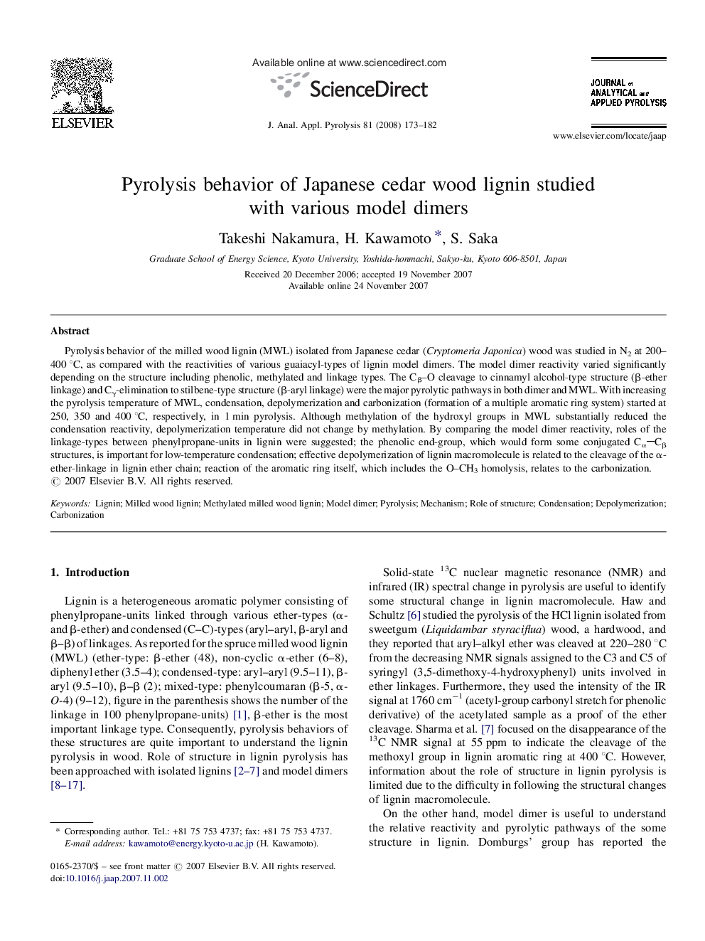 Pyrolysis behavior of Japanese cedar wood lignin studied with various model dimers