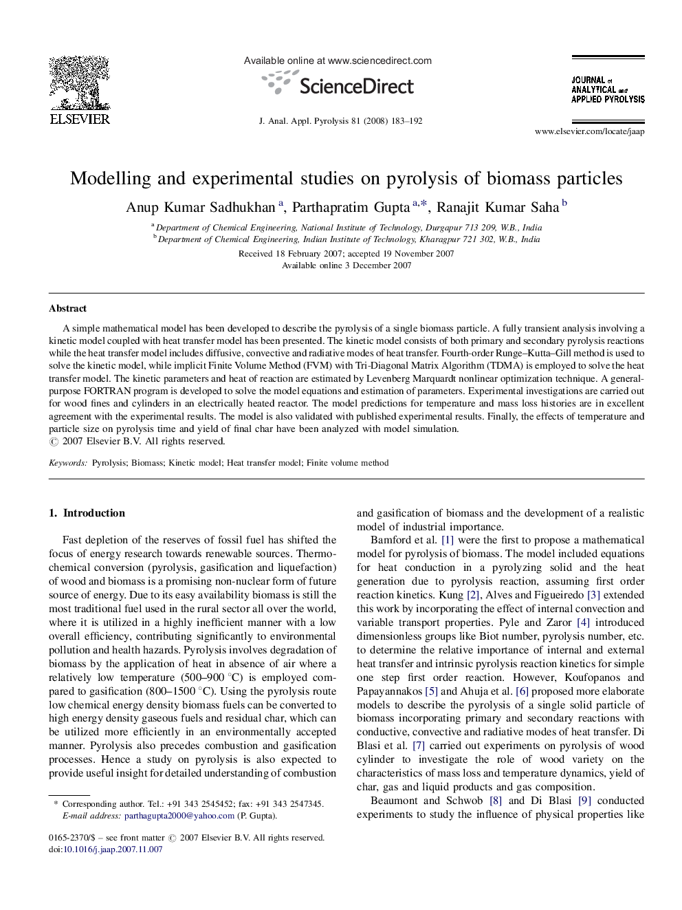 Modelling and experimental studies on pyrolysis of biomass particles