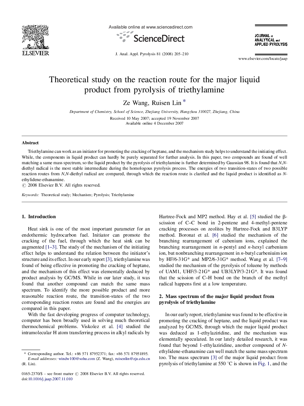 Theoretical study on the reaction route for the major liquid product from pyrolysis of triethylamine