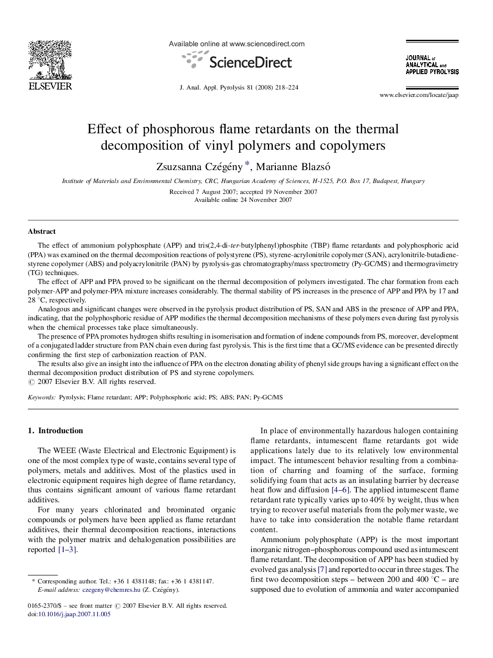 Effect of phosphorous flame retardants on the thermal decomposition of vinyl polymers and copolymers