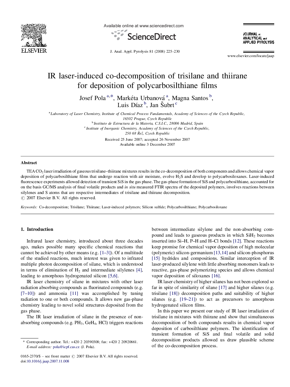 IR laser-induced co-decomposition of trisilane and thiirane for deposition of polycarbosilthiane films