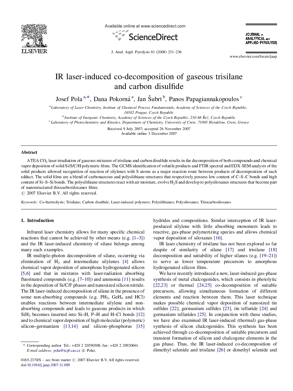 IR laser-induced co-decomposition of gaseous trisilane and carbon disulfide