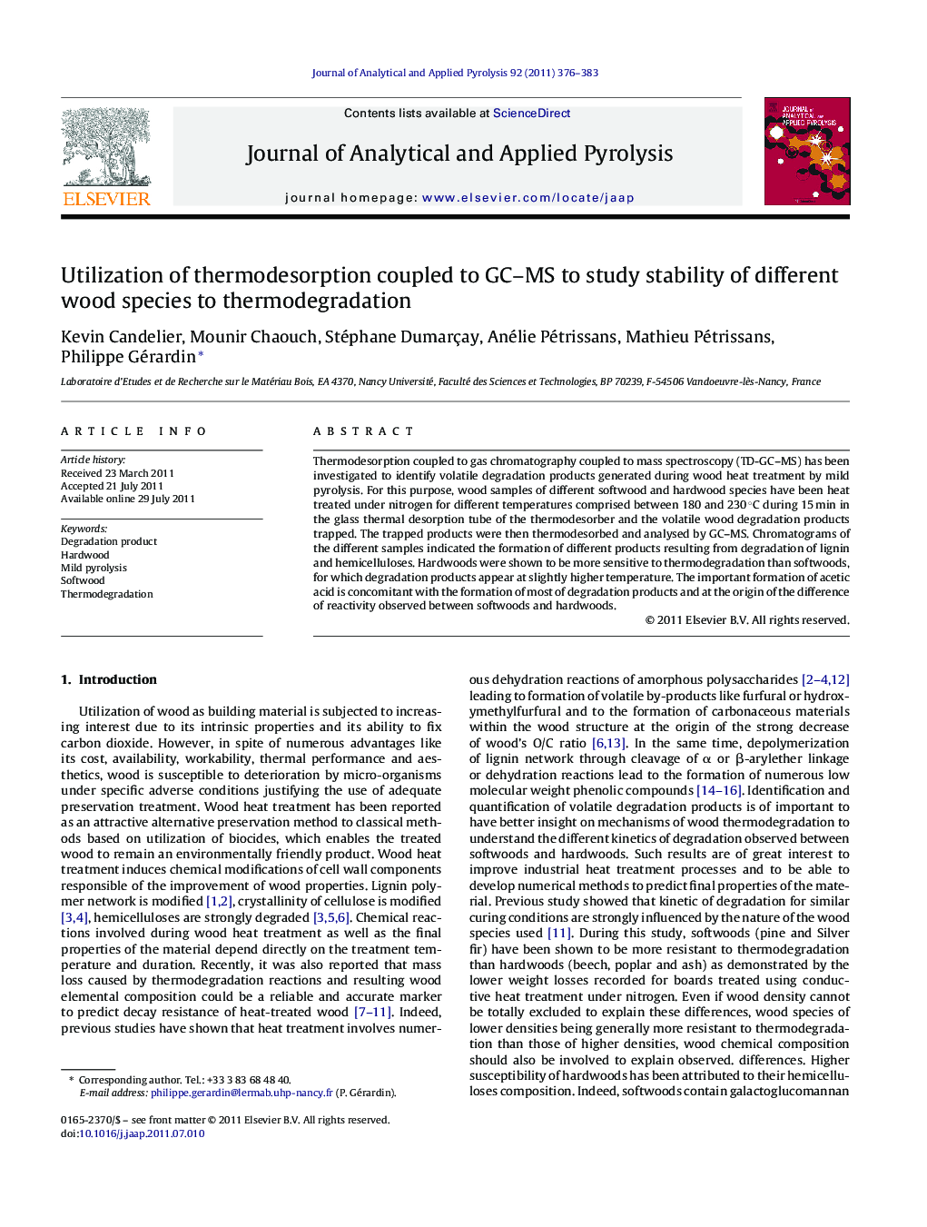 Utilization of thermodesorption coupled to GC–MS to study stability of different wood species to thermodegradation