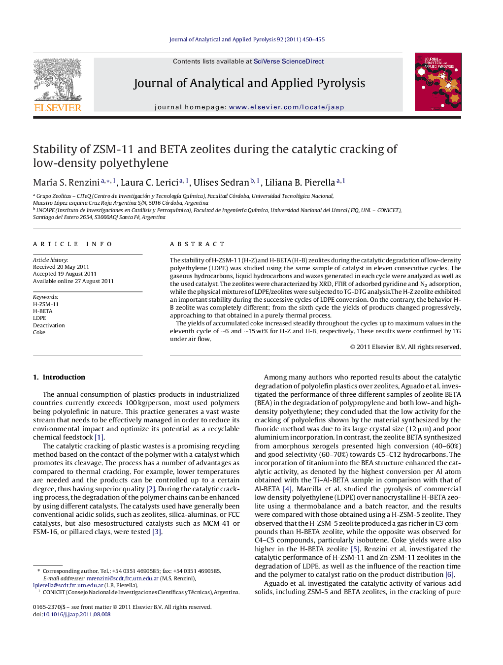 Stability of ZSM-11 and BETA zeolites during the catalytic cracking of low-density polyethylene