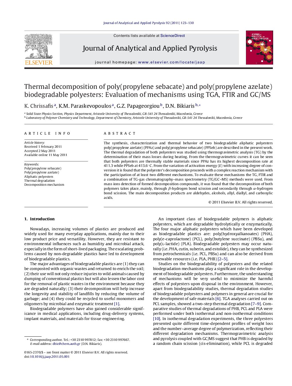 Thermal decomposition of poly(propylene sebacate) and poly(propylene azelate) biodegradable polyesters: Evaluation of mechanisms using TGA, FTIR and GC/MS