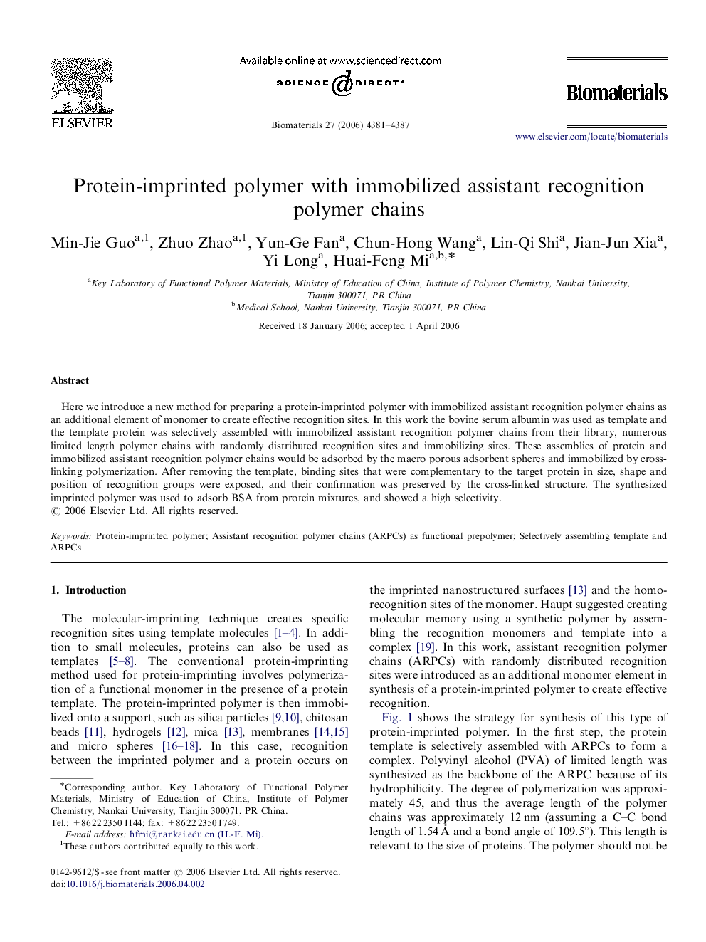 Protein-imprinted polymer with immobilized assistant recognition polymer chains