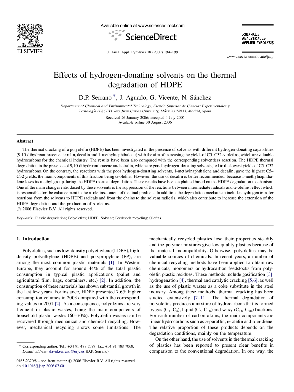 Effects of hydrogen-donating solvents on the thermal degradation of HDPE